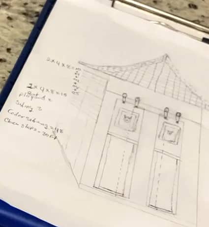 Hand-drawn elevation of the garden store with material quantities noted alongside